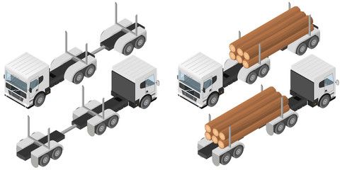 Logging truck in isometric. A bunch of logs