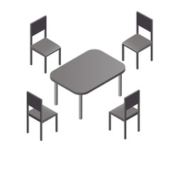 Four black chairs oval table. Flat isometric. Wood products.