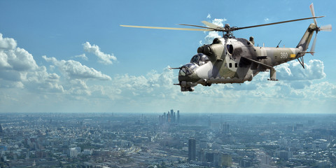 Flying military helicopter over the city. © PRUSSIA ART
