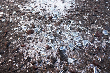 Broken glass on the road