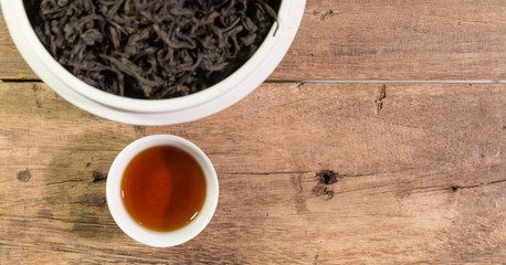 Chinese tea on wooden table, flat lay, top view, copy space