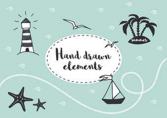 Nautical Design Elements. Set of vector hand drawn illustration in marine style.