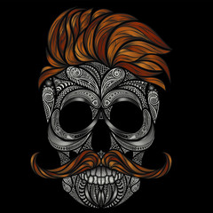 Vector human skull with red hair and a mustache. Hipster for Halloween in 2016