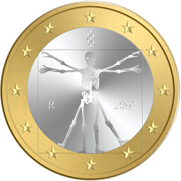 coin of euro with a skeleton in place of original symbol, Vitruviano man of Leonardo da Vinci. Concepts: death of euro currency, default, crisis, austerity, debit, Isolated on white background