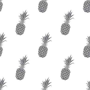 Vector seamless pattern with pineapple in black and white colors. Fabric pattern