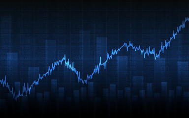 Business chart with uptrend line graph, bar chart and stock numbers in bull market on dark blue background (vector)