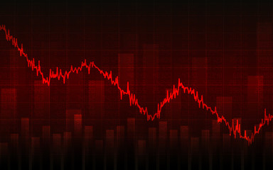 Business chart with downtrend line graph, bar chart and stock numbers in bear market on dark red background (vector)