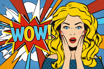 Woman says Wow! Wow face. Surprised woman. Pop art girl. Wow emotion. Comic woman. Wow concept illustration. Shocked woman with open mouth. Surprised face. Panic stress comic girl. Wow speech bubble.