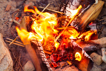 Closeup of blazing campfire coals