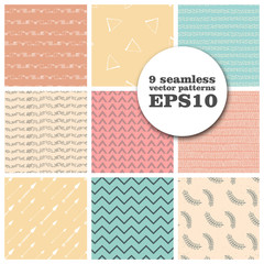 Set of vector seamless patterns with hand drawn geometric elements. Textile design