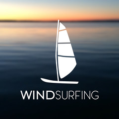 Vector illustration of windsurfing board on the blurred sea background. Windsurfing icon.