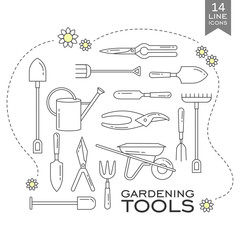 Set of line icons - gardening tools. Web site design. Logo icons. Spring season gardening