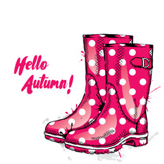 Rubber boots with dots. Vector illustration for greeting card, poster, or print on clothes. Fashion & Style.