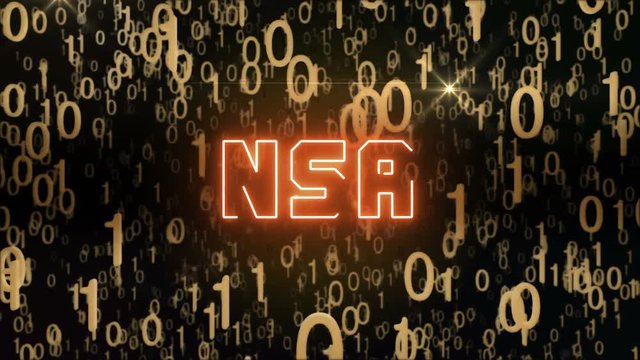 Seamless looping animation with the word NSA composed into falling golden binary code