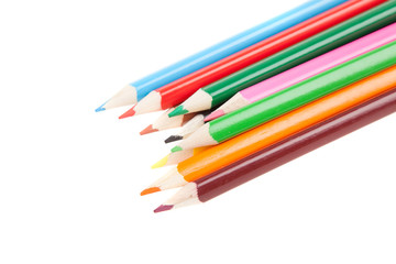 Many colorful pencil like a rainbow, isolated white.
