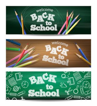 Set of three horizontal banners. Back to school. Vector illustra