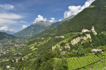 Südtirol - MERANER -  LAND - Blick von Dorf Tirol ins Vinschgau und nach Schloß Tirol
