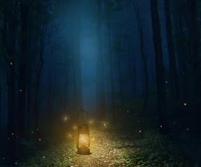 a lamp in the middle of the trail in a forest