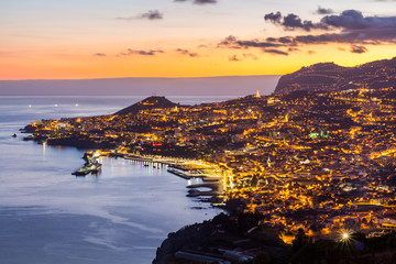 Aerial view of Funchal by night, Madeira Island, Portugal