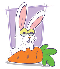 Cartoon funny white rabbit with big carrot