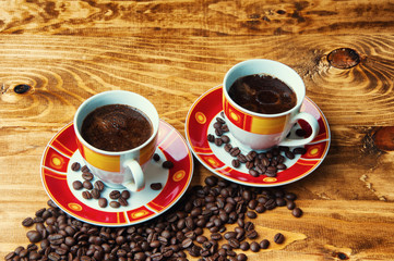 The concept of coffee on a brown wooden table
