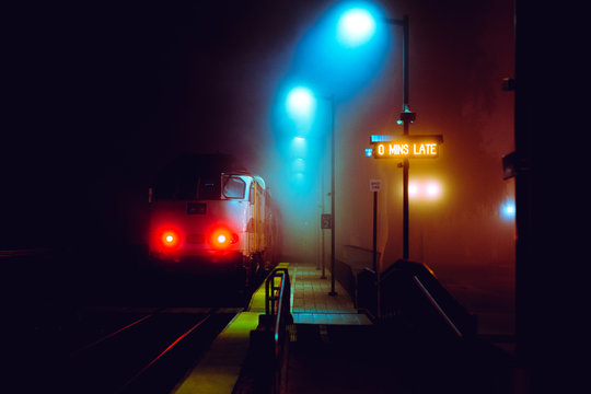 Train in station at night