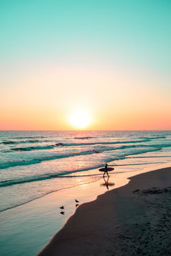 Person with surf board on beach at sunset