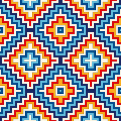 Bright seamless pattern with symmetric geometric ornament. Colorful abstract background. Ethnic and tribal motifs.