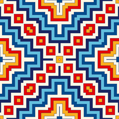Bright seamless pattern with symmetric geometric ornament. Colorful abstract background. Ethnic and tribal motifs.