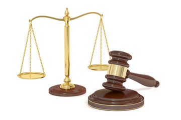 wooden gavel and golden scales of justice, 3D rendering