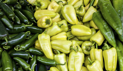 Fresh green peppers and chilies at an outdoor market in Seattle.
