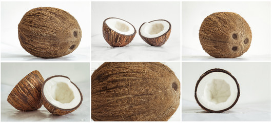 Set photos with fresh coconut on a soft glossy surface. Six images 2:3.
