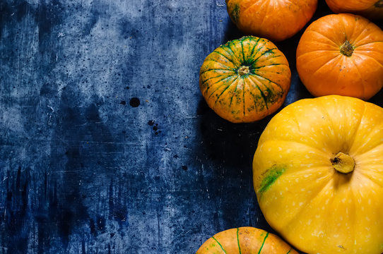  Pumpkins on blue background.