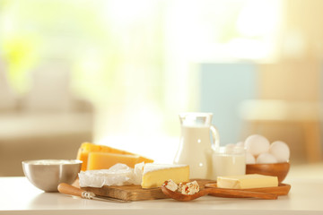 Dairy products on kitchen table