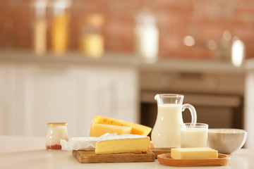 Dairy products on kitchen table