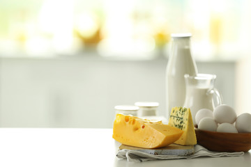Dairy products on kitchen table