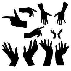 Hands silhouette. Upper limb man. Left, right. Index finger. Different versions of the shadows . Icons set .