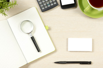 Office desk table with supplies. Top view. Copy space for text