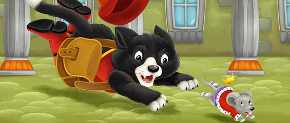 Cartoon cat - running and jumping hunting on royal mouse - illustration for children