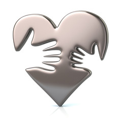 3d illustration of adult and kid hand on silver heart