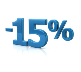 3d illustration of  fifteen percent discount in blue letters on white background