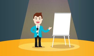 Speaking to the audience concept. Business Training vector illustration. Speaker in a suit and with microphone standing near flipchart.