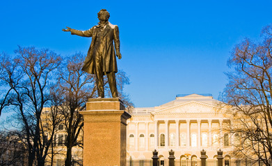 Statue of Alexander Pushkin, famous Russian poet. Arts Square, St.Petersburg, Russia