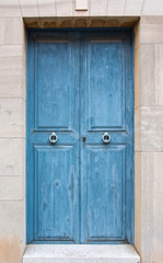 Fototapeta na wymiar Blue wooden painted door background for copy space.