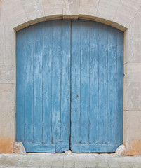 Blue wooden painted door background for copy space.