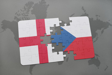 puzzle with the national flag of england and czech republic on a world map background.