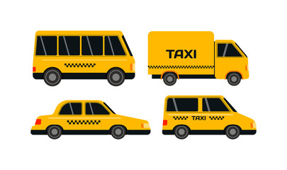 Transport set of taxi vector objects silhouette on white background. Taxi transport travel cab vehicle shipping tourist silhouette. Passenger street yellow road delivery taxi transport.