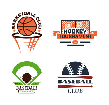 Template logos for sports teams with different balls and symbols. Tournament competition graphic champion sport team logo badge set. Vector club game element sport team logo badge.