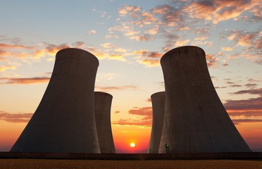 Evening colored sunset view of cooling tower