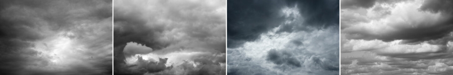 Four storm clouds over horizon. Sunshine through storm sky, clouds.